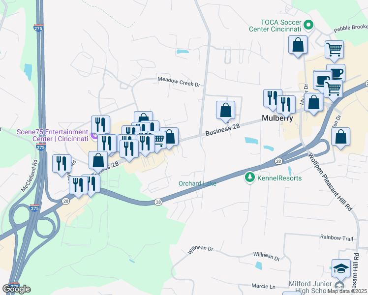 map of restaurants, bars, coffee shops, grocery stores, and more near 947 Ohio 28 in Milford