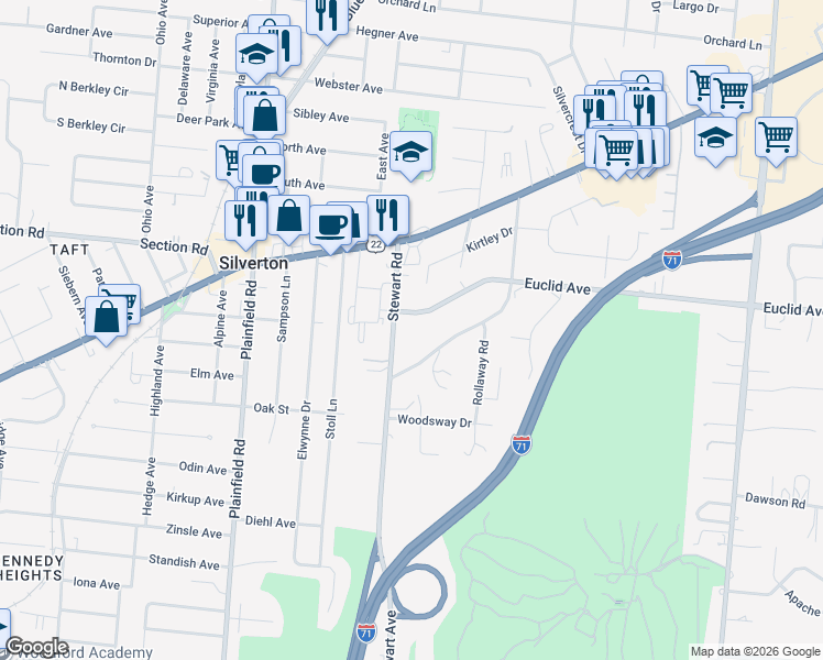 map of restaurants, bars, coffee shops, grocery stores, and more near 6844 Stewart Road in Cincinnati