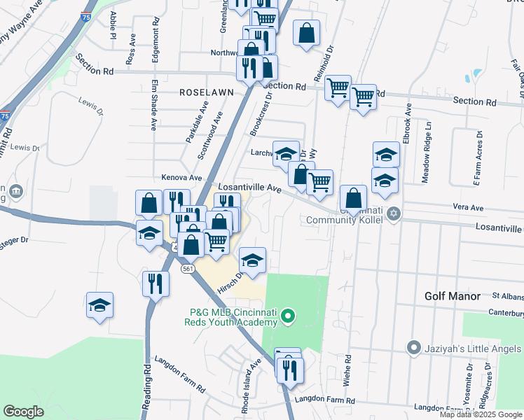 map of restaurants, bars, coffee shops, grocery stores, and more near 1865 Losantiville Avenue in Cincinnati
