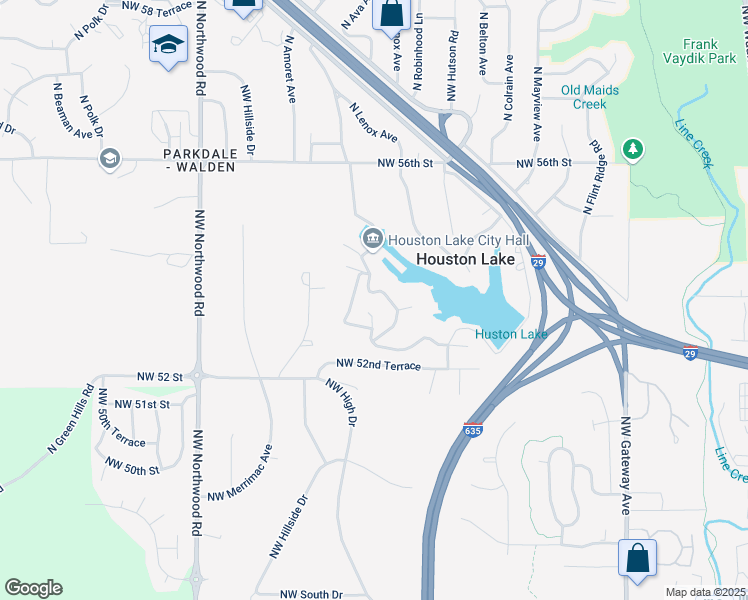 map of restaurants, bars, coffee shops, grocery stores, and more near 5363 Northwest Wagon Trail in Houston Lake