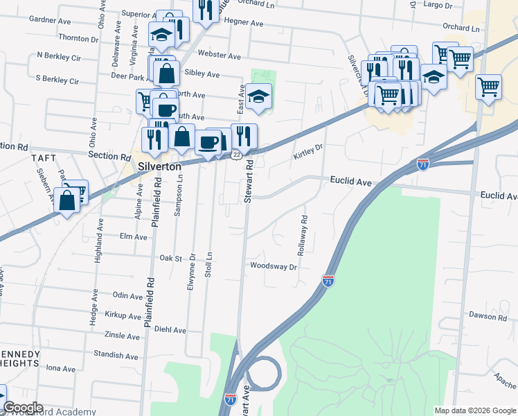 map of restaurants, bars, coffee shops, grocery stores, and more near 6844 Stewart Road in Cincinnati