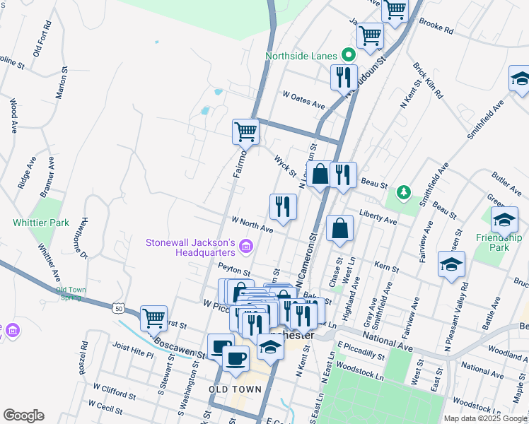 map of restaurants, bars, coffee shops, grocery stores, and more near 525 South Braddock Street in Winchester