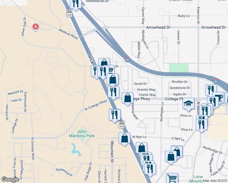 map of restaurants, bars, coffee shops, grocery stores, and more near 3723 North Carson Street in Carson City