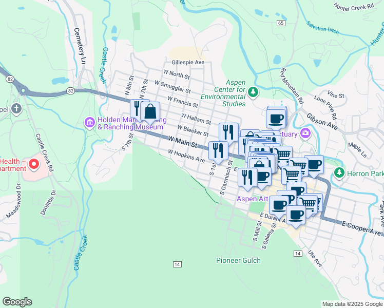 map of restaurants, bars, coffee shops, grocery stores, and more near in Aspen