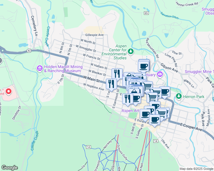 map of restaurants, bars, coffee shops, grocery stores, and more near 200 West Main Street in Aspen