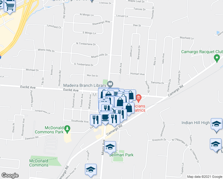 map of restaurants, bars, coffee shops, grocery stores, and more near 7200 Miami Avenue in Cincinnati