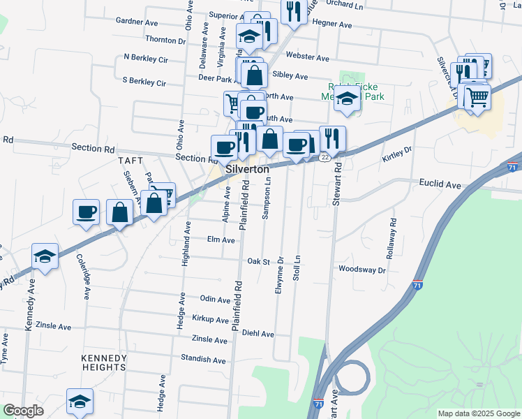 map of restaurants, bars, coffee shops, grocery stores, and more near 6834 Sampson Lane in Cincinnati