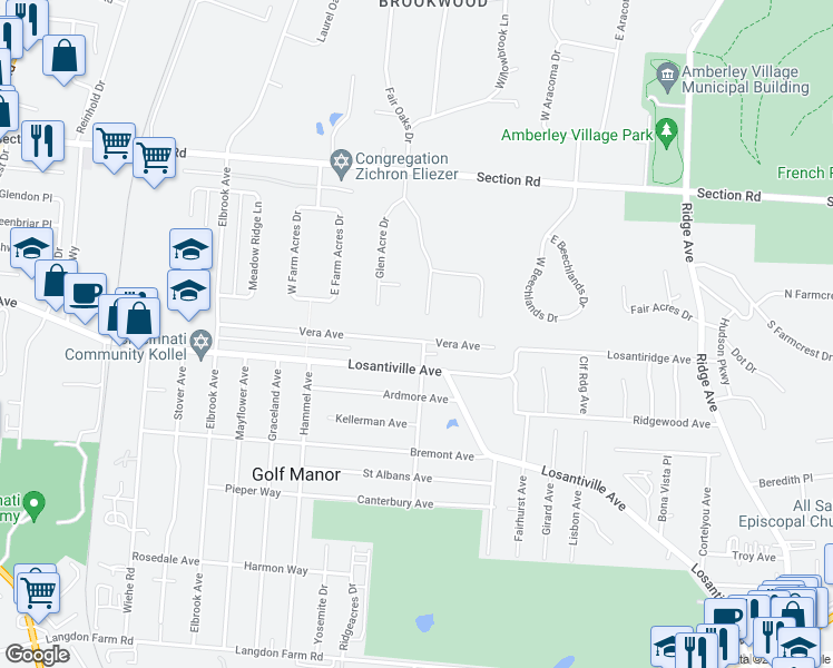 map of restaurants, bars, coffee shops, grocery stores, and more near 6626 Fair Oaks Drive in Cincinnati