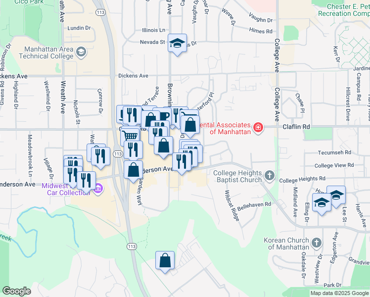 map of restaurants, bars, coffee shops, grocery stores, and more near 1130 Westport Dr in Manhattan