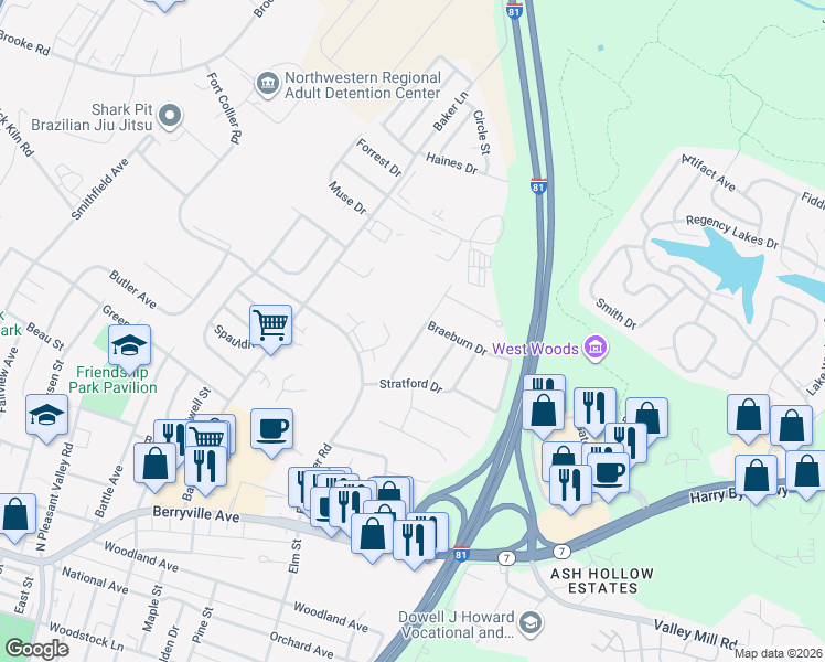 map of restaurants, bars, coffee shops, grocery stores, and more near 409 Banbury Terrace in Winchester
