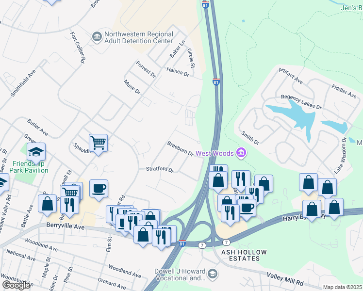 map of restaurants, bars, coffee shops, grocery stores, and more near 215 Braeburn Drive in Winchester