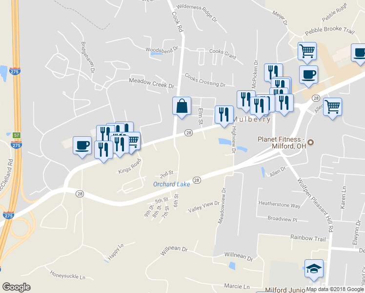 map of restaurants, bars, coffee shops, grocery stores, and more near Orchard Lake Dr in Mulberry