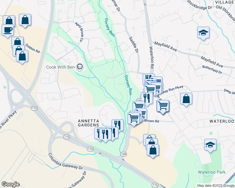 map of restaurants, bars, coffee shops, grocery stores, and more near 6434 Dry Barley Lane in Columbia