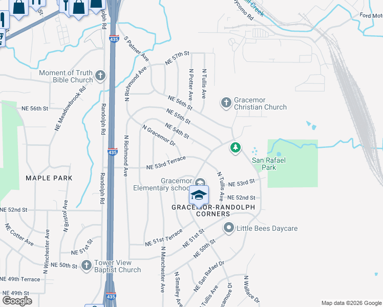 map of restaurants, bars, coffee shops, grocery stores, and more near 7932 Northeast 53rd Terrace in Kansas City
