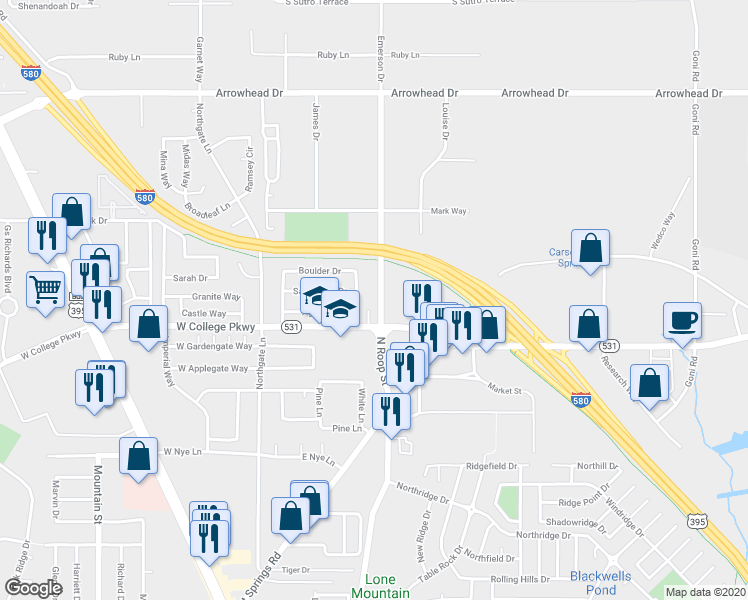 map of restaurants, bars, coffee shops, grocery stores, and more near 3584 Emerson Drive in Carson City