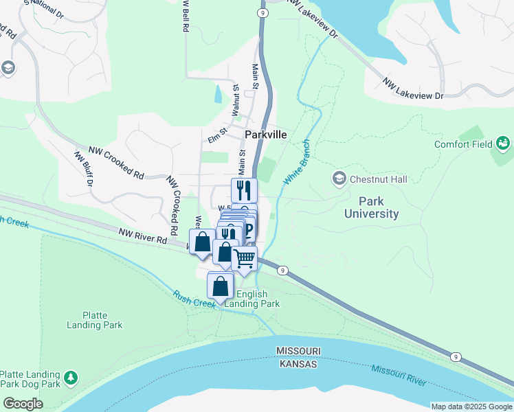 map of restaurants, bars, coffee shops, grocery stores, and more near 603 East Street in Parkville