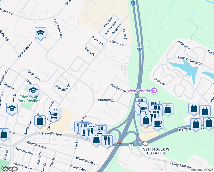 map of restaurants, bars, coffee shops, grocery stores, and more near 403 Banbury Terrace in Winchester