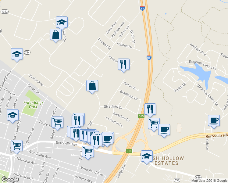 map of restaurants, bars, coffee shops, grocery stores, and more near 403 Banbury Terrace in Winchester