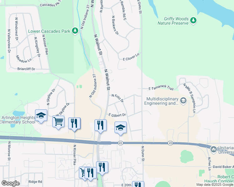 map of restaurants, bars, coffee shops, grocery stores, and more near 2620 North Walnut Street in Bloomington