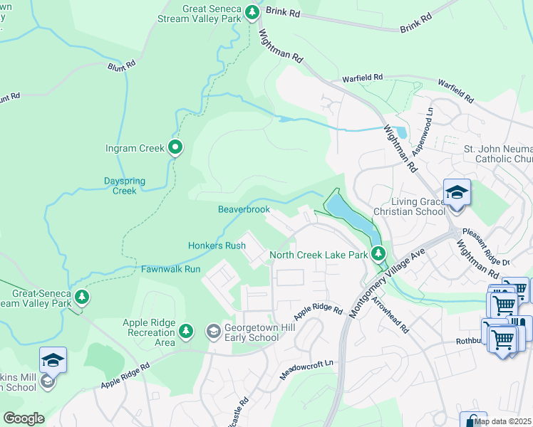 map of restaurants, bars, coffee shops, grocery stores, and more near 20438 Meadow Pond Place in Montgomery Village
