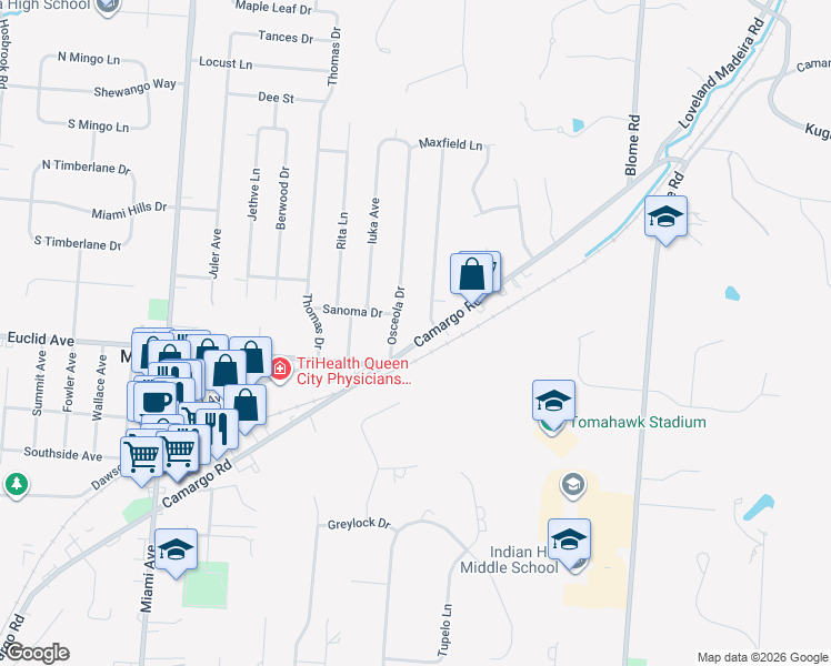 map of restaurants, bars, coffee shops, grocery stores, and more near 7218 Osceola Drive in Cincinnati