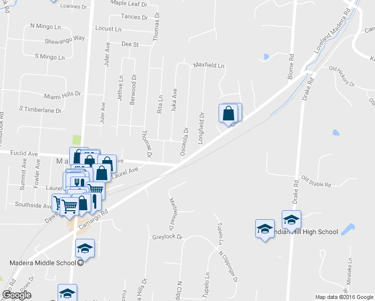 map of restaurants, bars, coffee shops, grocery stores, and more near 7218 Osceola Drive in Cincinnati