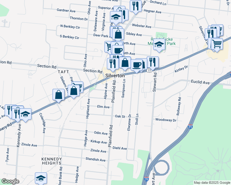map of restaurants, bars, coffee shops, grocery stores, and more near 6834 Plainfield Road in Cincinnati