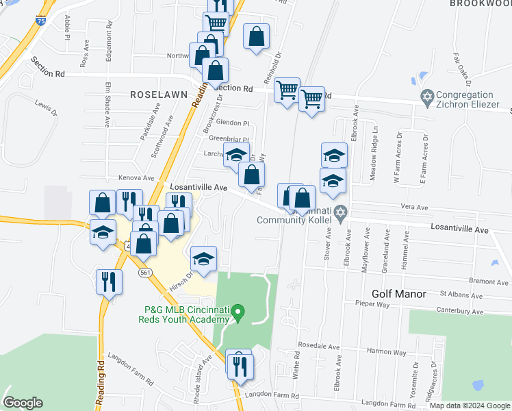 map of restaurants, bars, coffee shops, grocery stores, and more near 7171 Eastlawn Drive in Cincinnati
