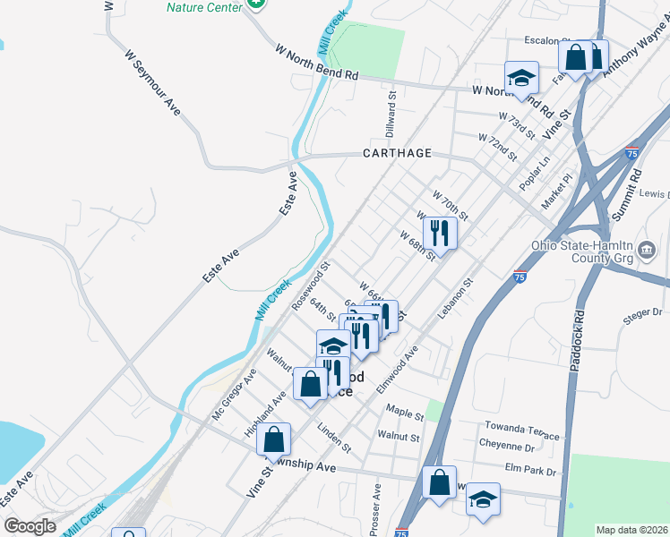 map of restaurants, bars, coffee shops, grocery stores, and more near 160 West 66th Street in Cincinnati