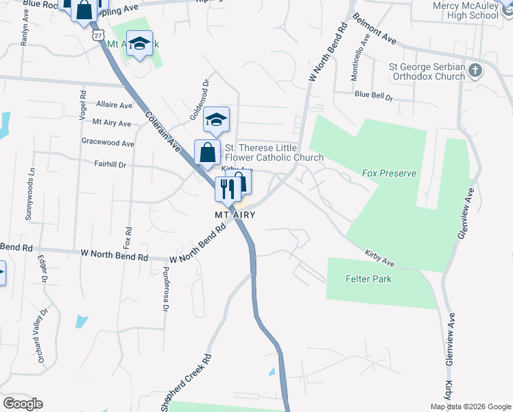 map of restaurants, bars, coffee shops, grocery stores, and more near 2537 West North Bend Road in Cincinnati