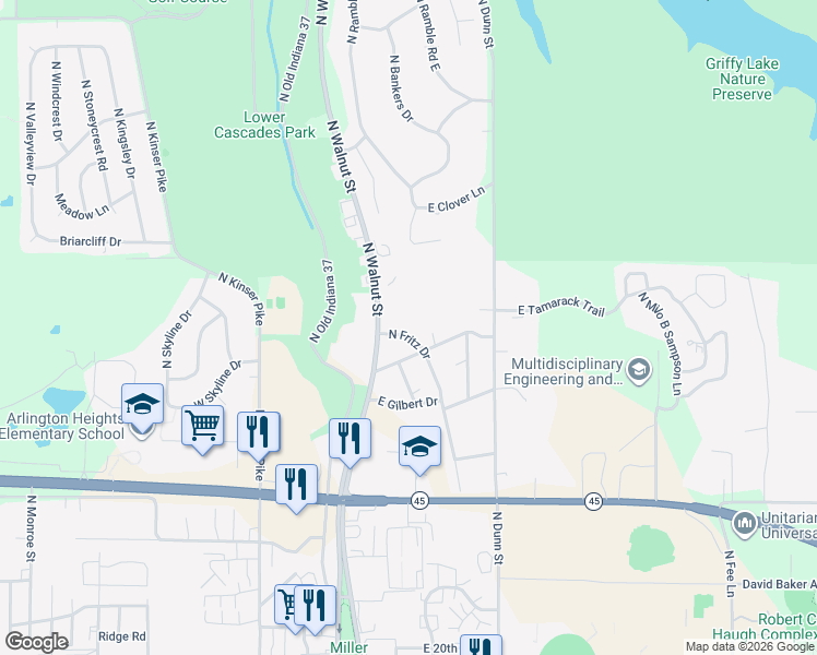 map of restaurants, bars, coffee shops, grocery stores, and more near 2620 North Walnut Street in Bloomington