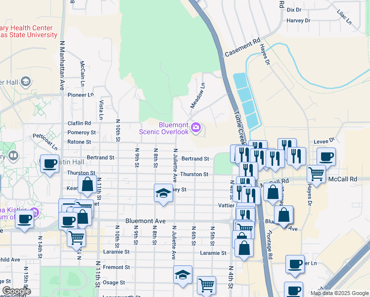 map of restaurants, bars, coffee shops, grocery stores, and more near 1300 North Juliette Avenue in Manhattan