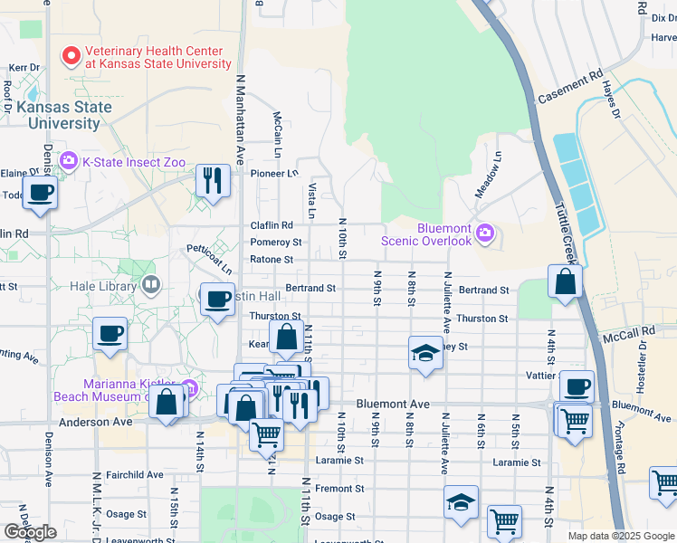 map of restaurants, bars, coffee shops, grocery stores, and more near 1221 North 10th Street in Manhattan