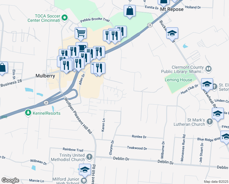 map of restaurants, bars, coffee shops, grocery stores, and more near 2401 Traverse Creek Drive in Milford
