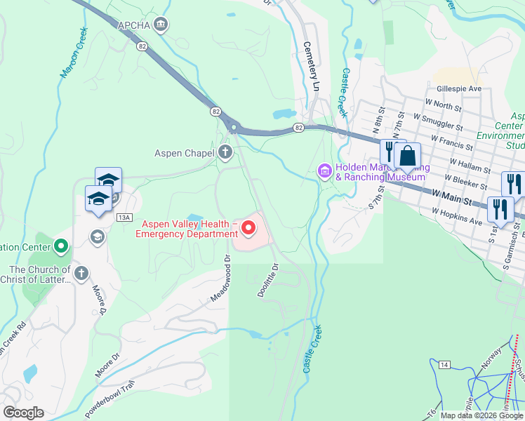 map of restaurants, bars, coffee shops, grocery stores, and more near 401 Castle Creek Road in Aspen