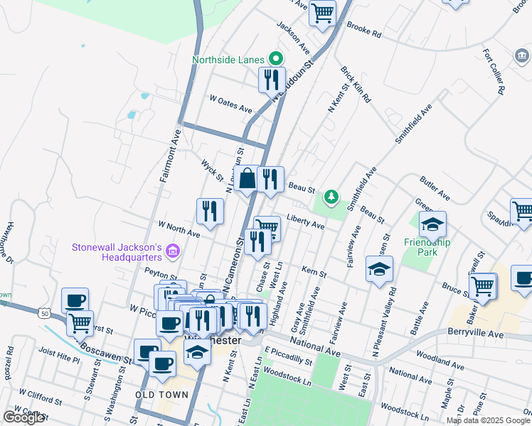 map of restaurants, bars, coffee shops, grocery stores, and more near 557 North Kent Street in Winchester