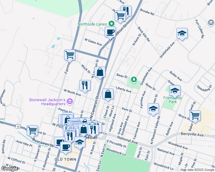 map of restaurants, bars, coffee shops, grocery stores, and more near 557 North Kent Street in Winchester