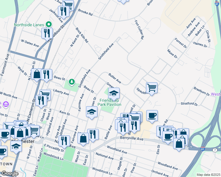 map of restaurants, bars, coffee shops, grocery stores, and more near 513 Green Street in Winchester