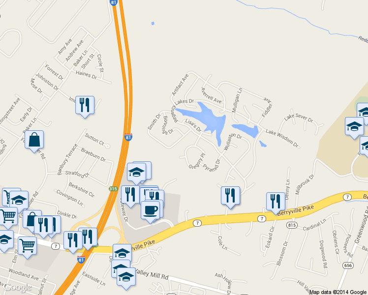 map of restaurants, bars, coffee shops, grocery stores, and more near 108 Gregory Place in Winchester