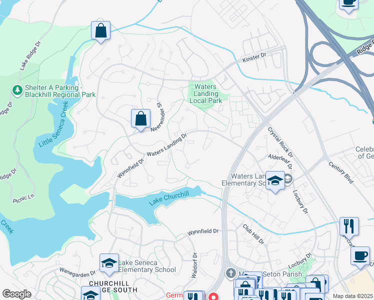 map of restaurants, bars, coffee shops, grocery stores, and more near 20503 Summersong Lane in Germantown