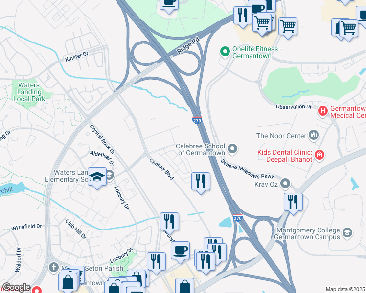 map of restaurants, bars, coffee shops, grocery stores, and more near 20301 Century Boulevard in Germantown