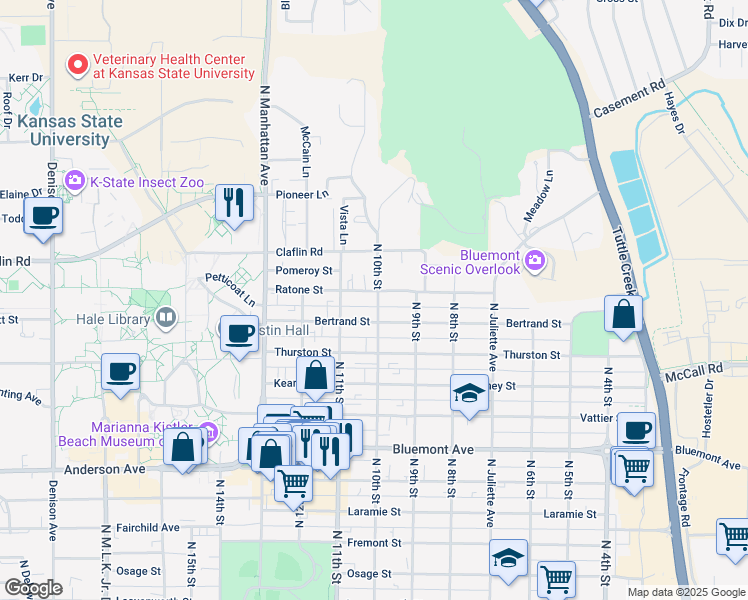 map of restaurants, bars, coffee shops, grocery stores, and more near 1221 North 10th Street in Manhattan