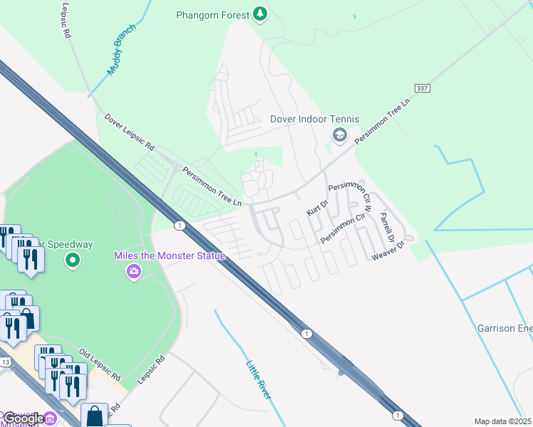 map of restaurants, bars, coffee shops, grocery stores, and more near 11 Primrose Court East in Dover