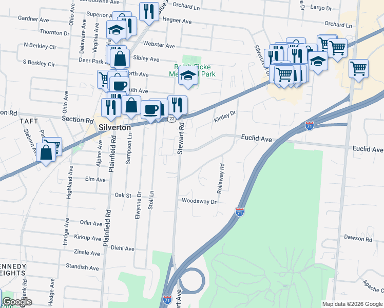 map of restaurants, bars, coffee shops, grocery stores, and more near 6844 Stewart Road in Cincinnati
