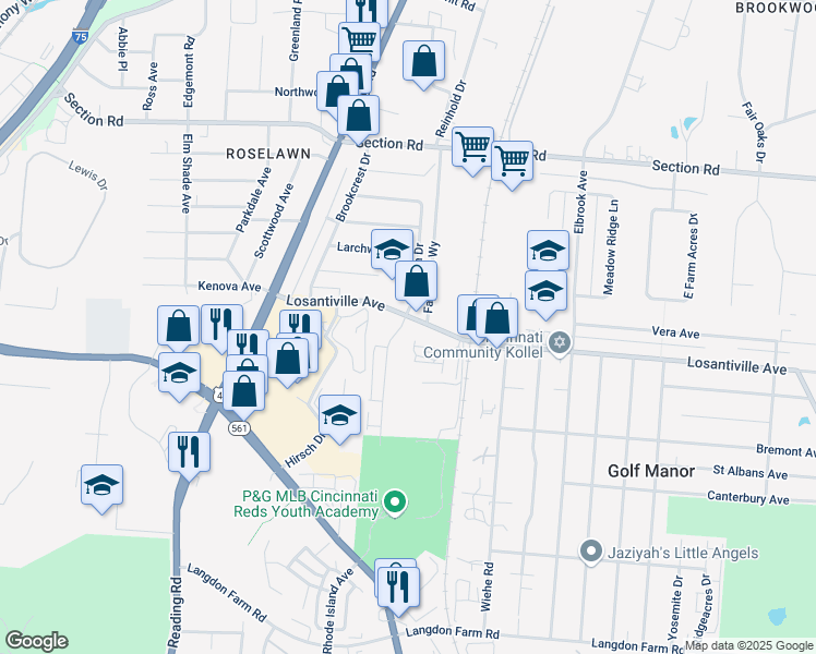 map of restaurants, bars, coffee shops, grocery stores, and more near 7171 Eastlawn Drive in Cincinnati