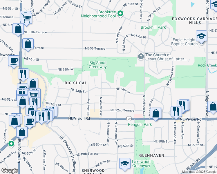 map of restaurants, bars, coffee shops, grocery stores, and more near 3609 Northeast 54th Terrace in Kansas City
