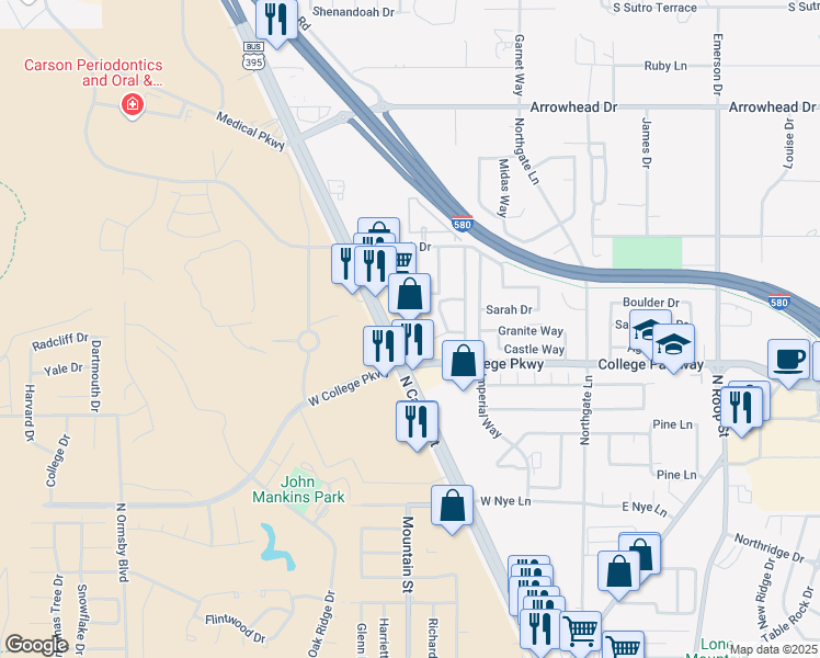 map of restaurants, bars, coffee shops, grocery stores, and more near 3735 North Carson Street in Carson City