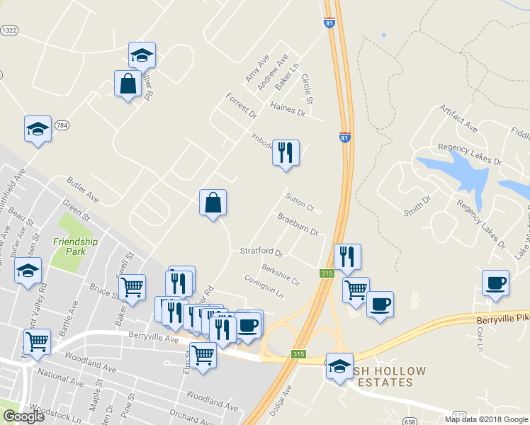 map of restaurants, bars, coffee shops, grocery stores, and more near 409 Banbury Terrace in Winchester