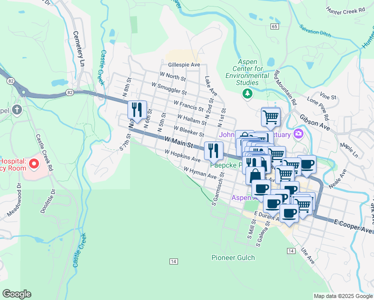 map of restaurants, bars, coffee shops, grocery stores, and more near in Aspen