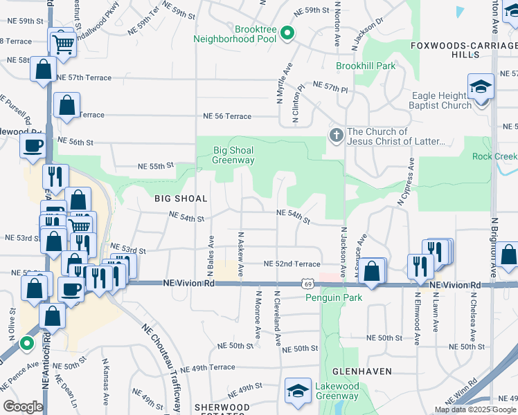 map of restaurants, bars, coffee shops, grocery stores, and more near 3609 Northeast 54th Terrace in Kansas City